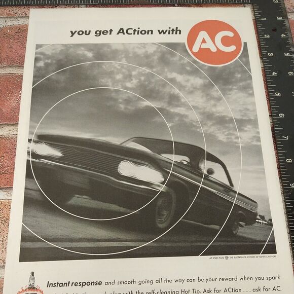 You‎ get ACtion with AC spark plugs automotive - Vtg Orig 1961 B&W Red PRINT AD - Picture 9 of 10
